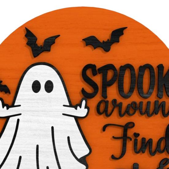 Halloween Ghost Door Sign Spook Around Find Out Welcome Sign Front Porch Hanging Wooden Plaque for Home Window Wall Decor