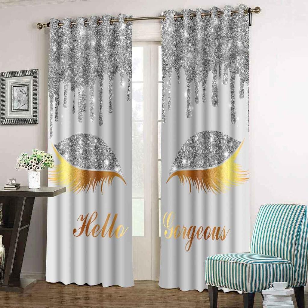 Luxury Thin Shading Window Curtains for Living Room, Girl Eyelash Eyebrow, Cheap 3D Print, Bedroom Decoration On Sale, 2 Pieces