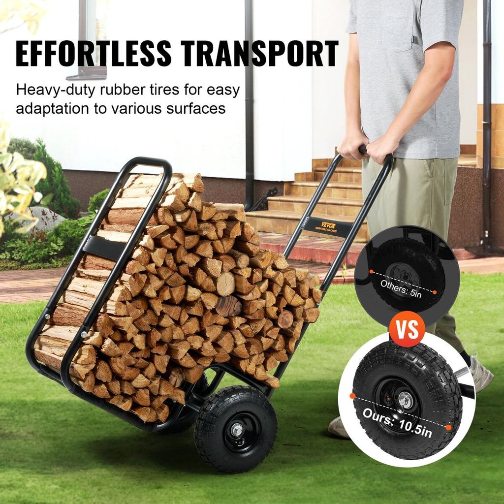 Firewood Log Cart, 113.4 kg Load Capacity, Outdoor and Indoor Wood Rack Storage Mover with Pneumatic Rubber Wheels, Heavy Duty Steel Dolly Hauler,