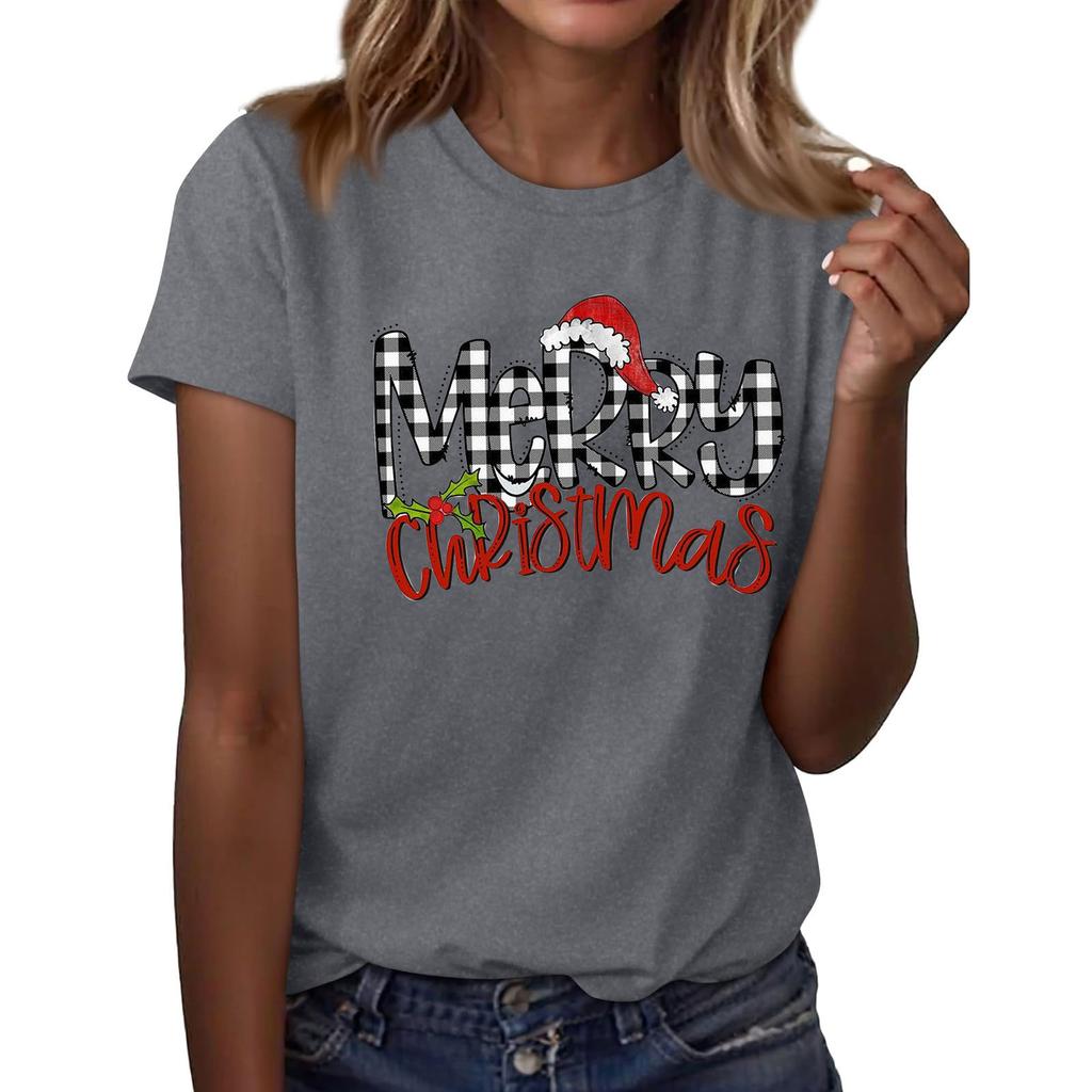 Women's Fashion Casual Christmas Printed Short Sleeve Loose Round Neck Pullover Top