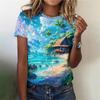 Summer Round Neck 3D Cartoon Building Pattern Printed Top Fashionable Casual Short Sleeved Women's T-shirts