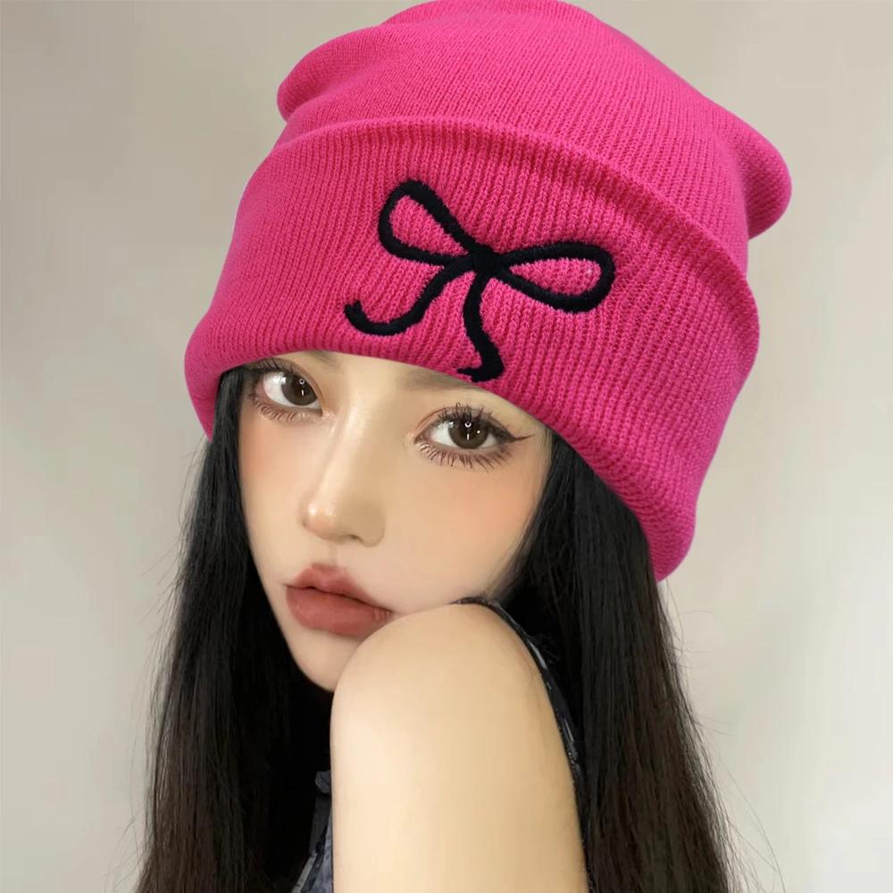Y2K Bow Embroidered Knitted Hat Autumn And Winter Warm Women Beanies Cap Korean Fashion Solid Color Female Girls Skullcap Bonnet