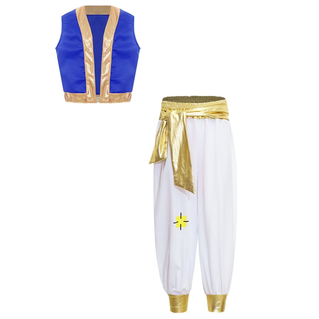 Mythical Cosplay Outfits Arabian Prince Kings Costume Halloween Roleplay Outfit Trim Waistcoat with Belted Pants