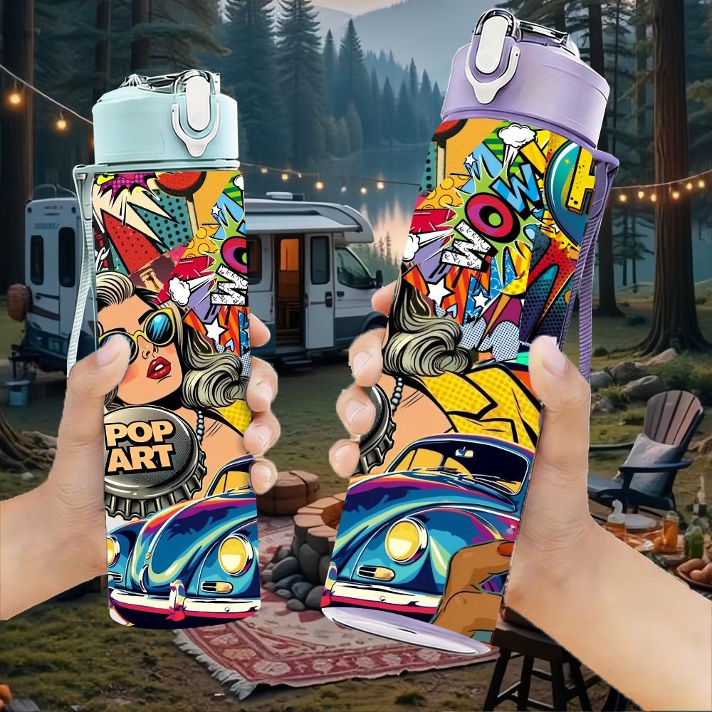 1PC Hot Summer Comic Cartoon Art Print 750ml Color Plastic Sports Water Bottle Leakproof Flip Straw Lid Suitable for Sports Office Home Use