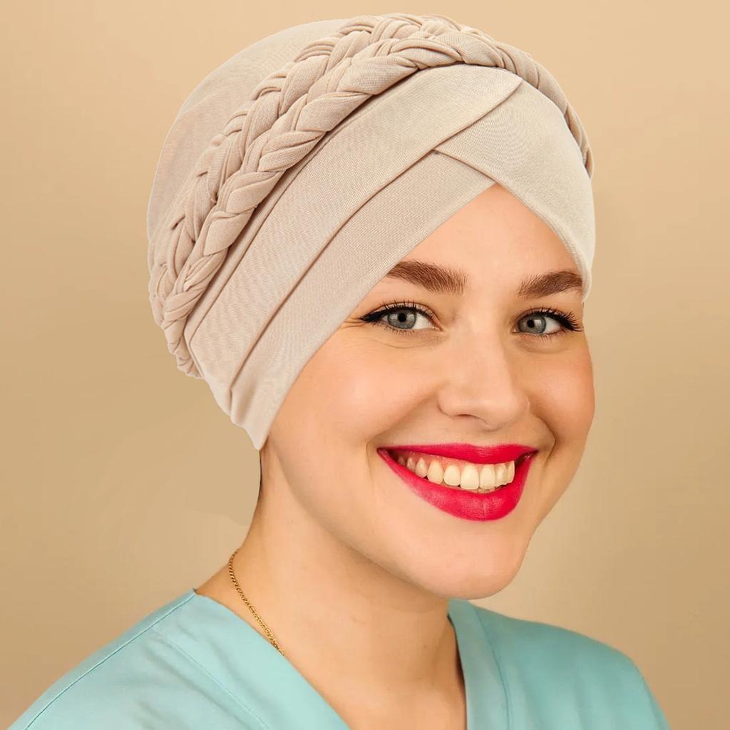Solid Color Muslim Turban Hat Single Color Milk Silk Two Braids Headscarf Hat