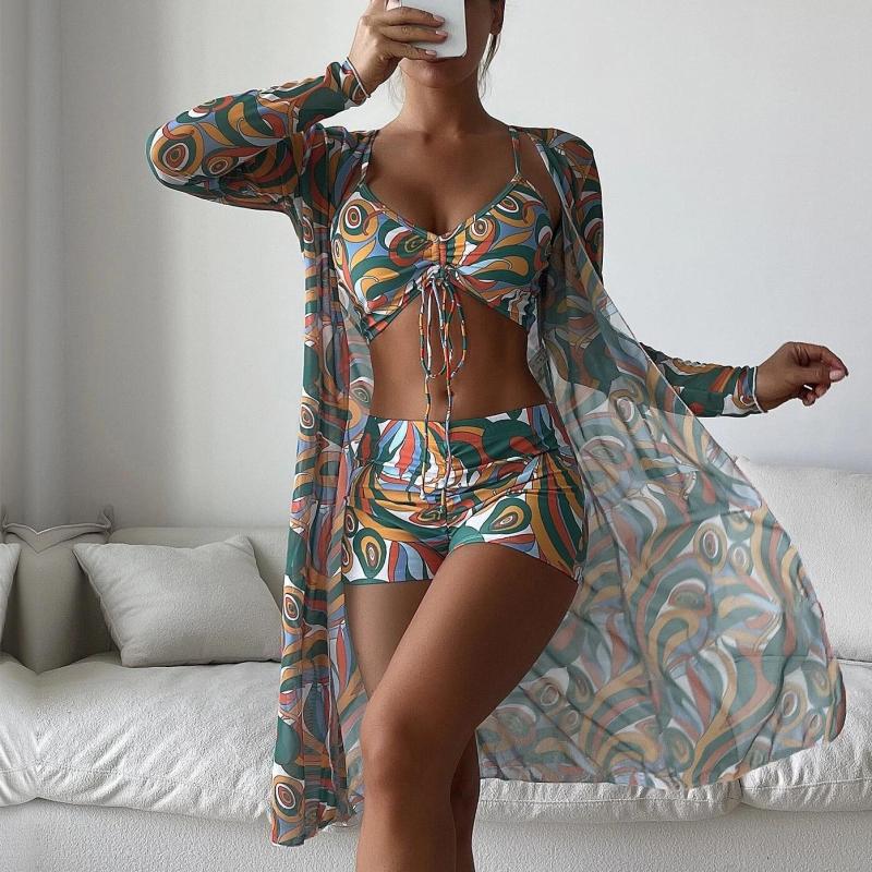 Swimsuit Women's Split Three Piece Set High Waist Long Sleeve Ins Overshirt Drawstring Printed Bikini Suits