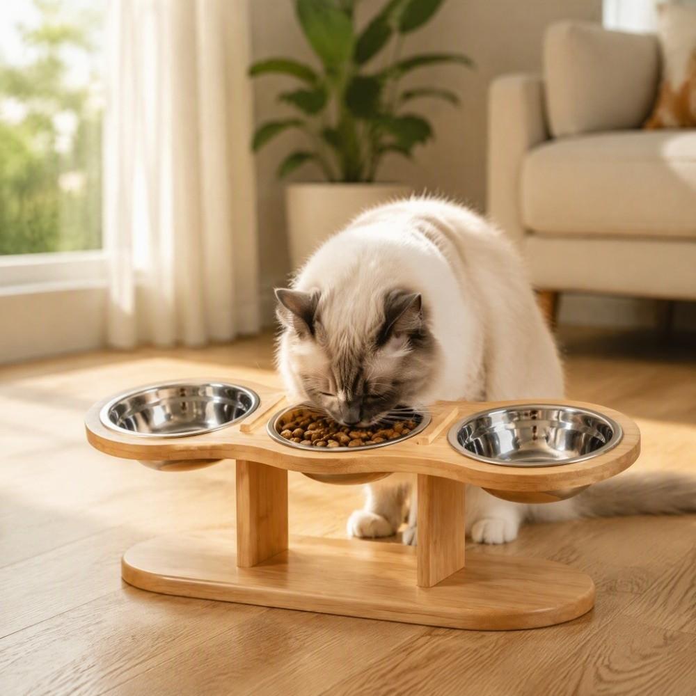 3 Bowls Elevated Pet Feeder Bowl Detachable Wood Stand Feeder Cat Food Water Bowl Feeding Watering