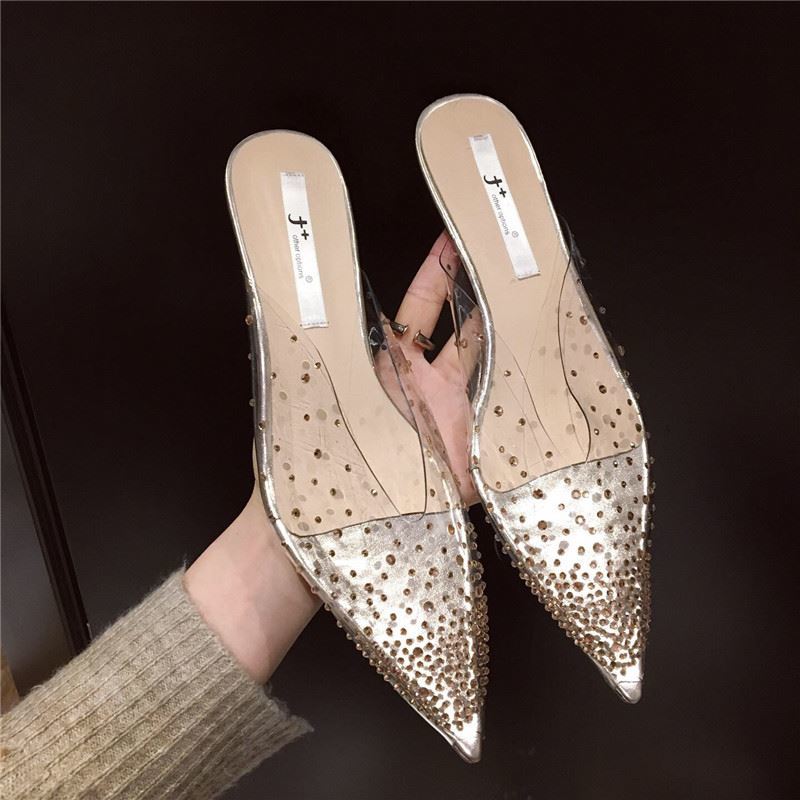 Прозрачные босоножки на каблуках, женские тапочки, мюли со стразами, женская обувь 2024 года, модная элегантная обувь на среднем каблуке, новинка лета 2024 года