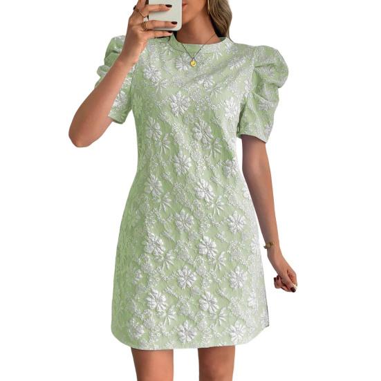 Женское фактурное жаккардовое платье с круглым вырезом и короткими рукавами-фонариками, платье А-силуэта, летние мини-платья с цветочным принтом, короткое вечернее платье