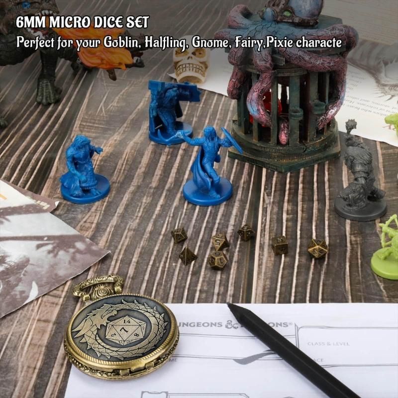 Многогранные микро кубики Винтажные карманные часы с микро многогранным набором Сплавной материал для настольных ролевых и карточных игр