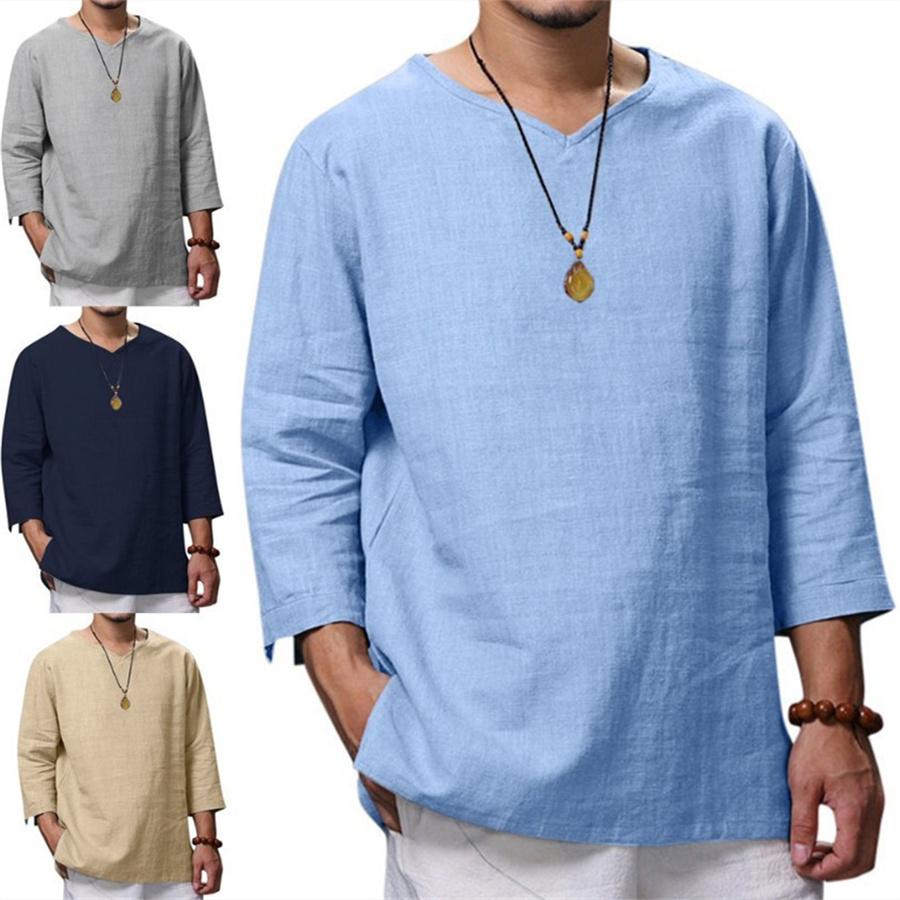 Мужская рубашка свободного кроя из хлопка и льна с длинным рукавом и v-образным вырезом