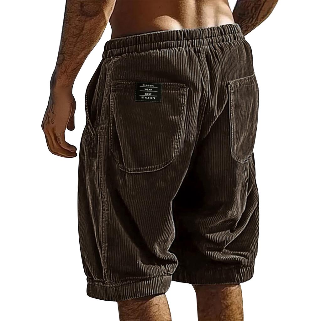 Mens Corduroy Shorts Relaxed Fit Elastic Waistband Patch Pocket Design Casual Knee Length Trousers for Everyday Wear