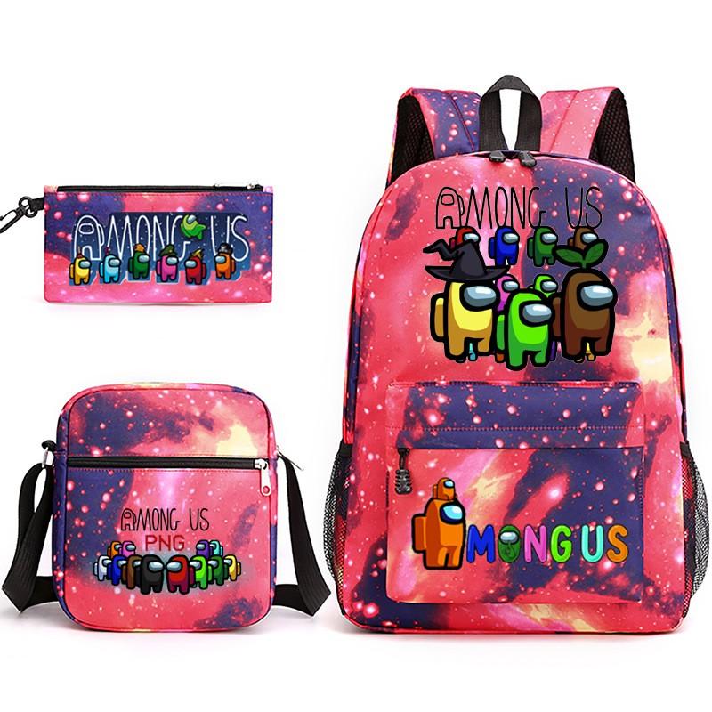 Among Us Cartoon Print Backpack Set Students 3-Piece Canvas School Travel Bag Street Style 20-35L Capacity