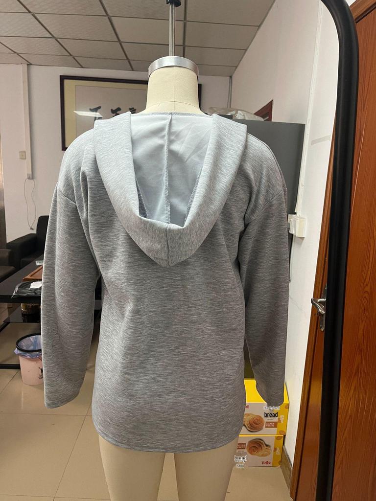 Grey Elegant Hooded V-Neck Women's Sweatshirt for Autumn and Winter 2025