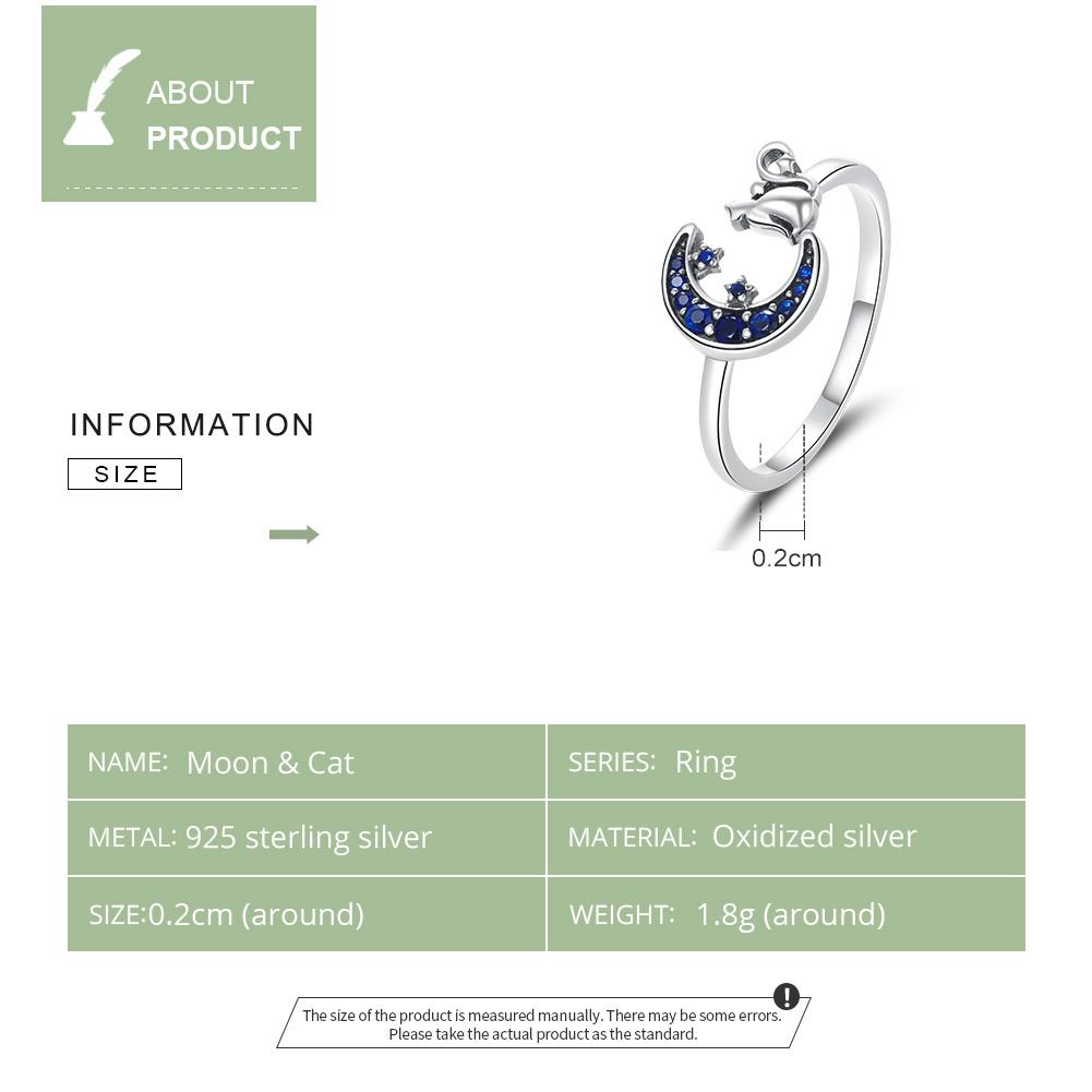 WOSTU Moon Cat Open Ring 925 Sterling Silver Blue Zircon Adjustable Size Animal Ring For Women Fingers Trendy Jewelry CQR677