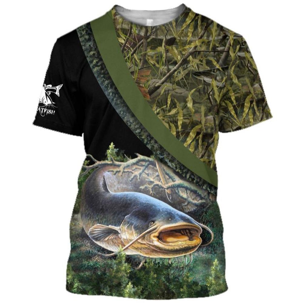 Summer Carp Fishing Print T-shirts For Men Outdoor Catfish Printing Loose Short Sleeve Quick Drying Casual Street Top