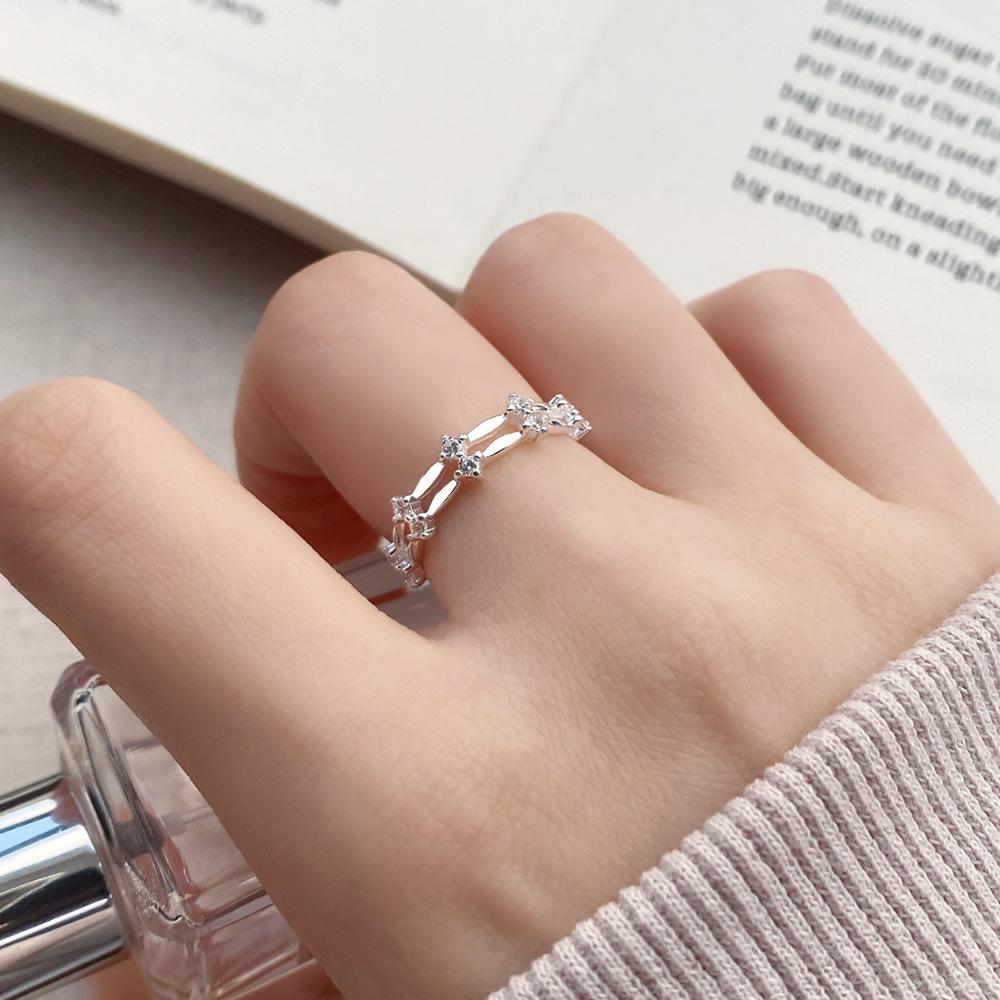 Серебряное кольцо S999 с цирконами, двойной слой - Элегантное, универсальное и регулируемое, открытый дизайн, для женщин, с высококачественным блеском.