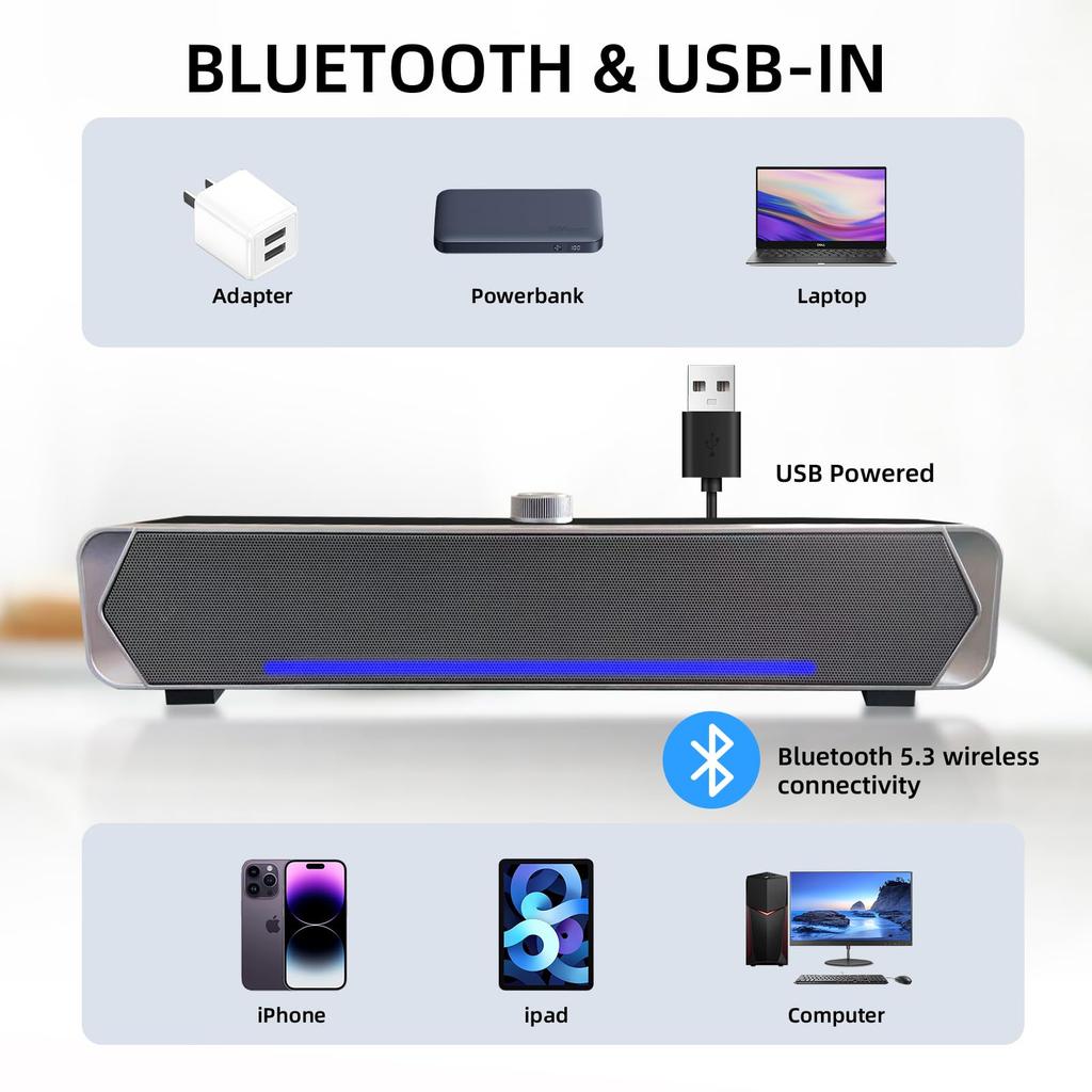 PHISSION Стереосаундбар с питанием от USB и разъемом AUX для ПК, телевизоров, настольных компьютеров, ПК и смартфонов