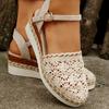Women's Floral Wedge Sandals with Thick Breathable Fabric Upper, T-Strap & Lace Detailing, Mid-Heel Round Toe
