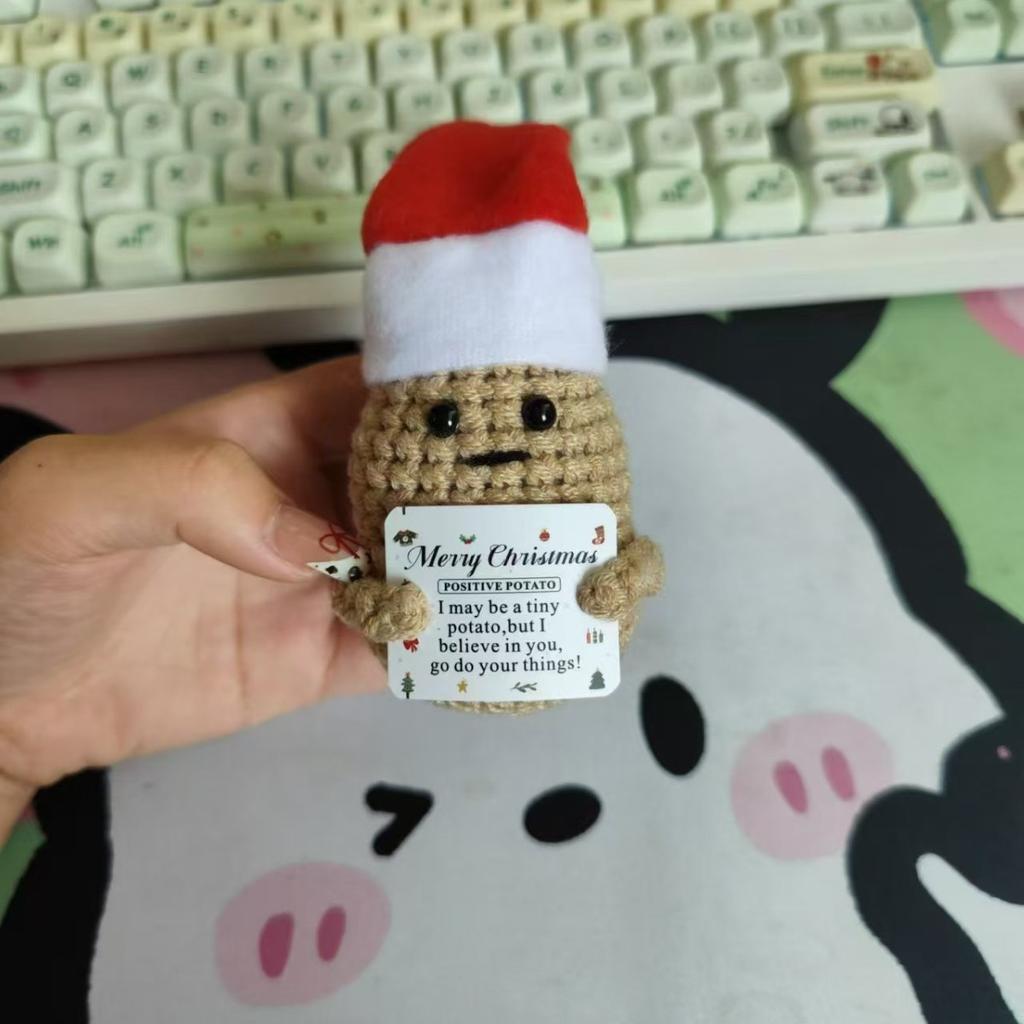 Handmade Crochet Positive Emotional Support Xmas Pickle Ornaments Handwoven Wool Knitted Positive Potato Dolls Home Room Decor