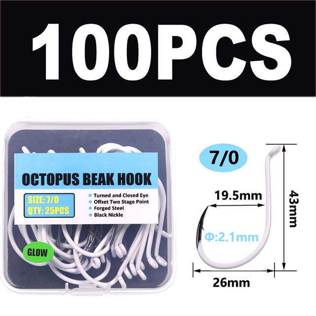 25pcs/box Luminous Imported Steel Octopus Beak Hook Offset Classica Bait Hooks Deep Sea Night Fishing Hook 3/0 4/0 5/0 6/0 7/0