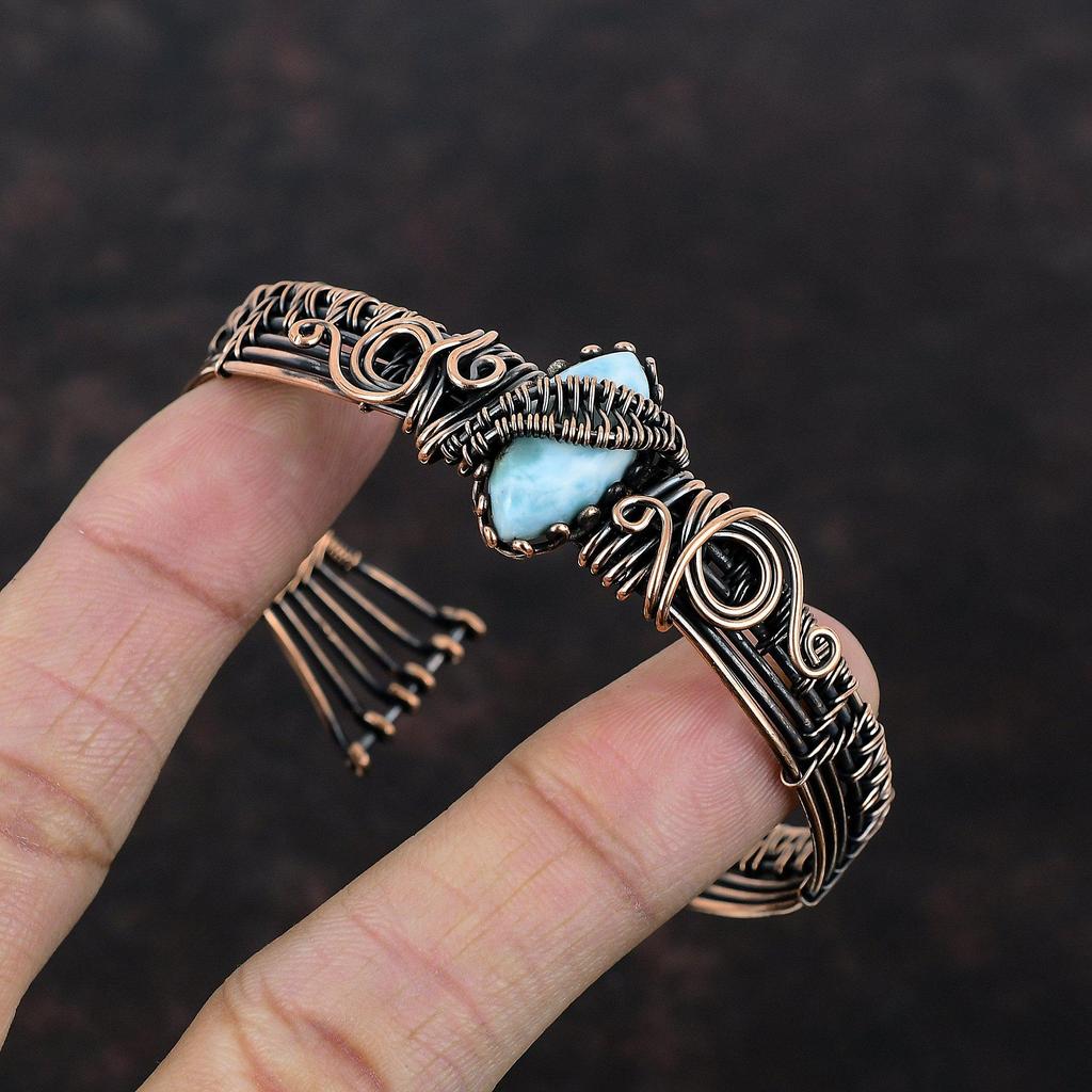 Larimar Cuff Bracelet Copper Wire Wrapped Adjustable Cuff Gemstone Bangle Copper Wire Jewelry Gift For Her Handmade Designer Cuff Bracelet