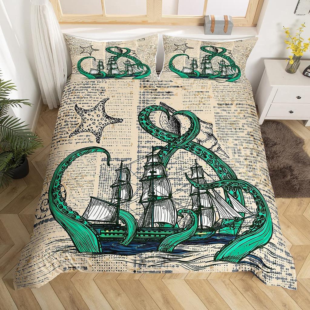Комплект пододеяльника для парусника Размер Твин Кинг Квин Морская тема Чайка Постельный комплект Микрофибра Рустикальная деревянная доска Пододеяльник