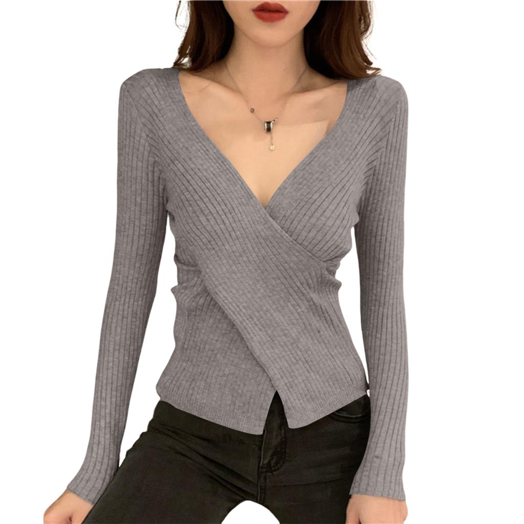 Women's V-neck Sweater Bottoming Shirt With Long Sleeves Cross-fitting Knitted Tights