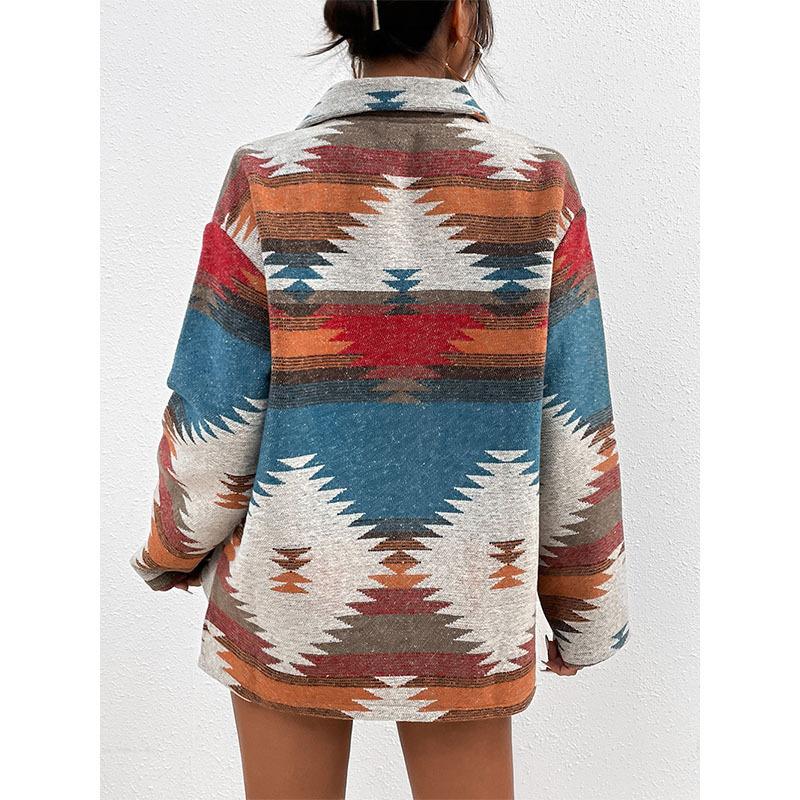 Куртка с лацканами, однобортная куртка, жаккардовое пальто с геометрическим рисунком, пальто в этническом стиле, женское шерстяное плотное пальто, осеннее и зимнее пальто