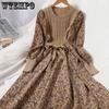 Corduroy Floral Women Dresses Vintage Knitted Patchwork Vestidos  Sweet Korean Long Dress A-line