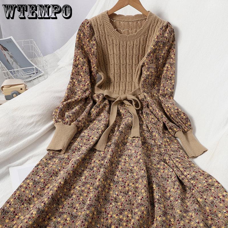 Corduroy Floral Women Dresses Vintage Knitted Patchwork Vestidos  Sweet Korean Long Dress A-line