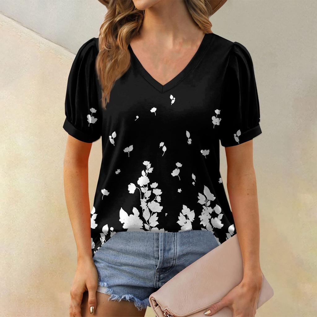 Женская модная футболка с коротким рукавом и V-образным вырезом, с цветочным принтом, свободная повседневная футболка