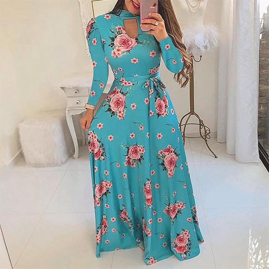 Fashion Womens Printing High Collar Long Sleeve Big Hem Skirt Casual Dress