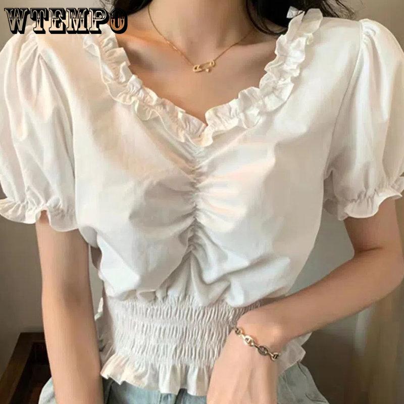 WTEMPO Винтажные однотонные укороченные топы с v-образным вырезом, футболки с милыми складками для девочек, летние черно-белые футболки с короткими рукавами и пышными рукавами, женская уличная одежда