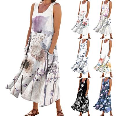 Женские модные повседневные платья из хлопка и льна без рукавов с цветочным принтом и небольшими карманами