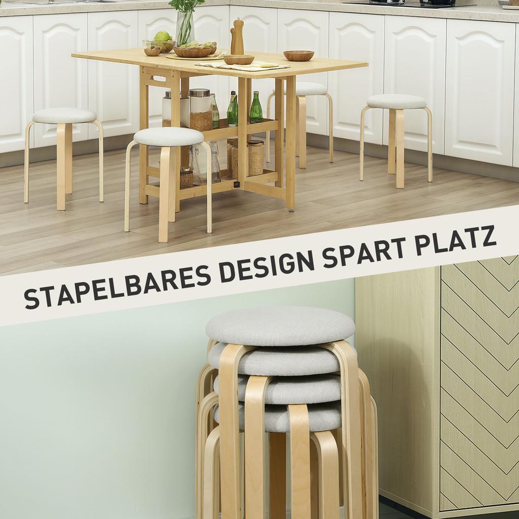 Padded Stool 4 Piece Set Stackable Lacquered Surface Wooden Legs Cream White