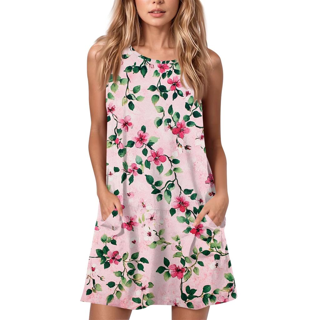 Женское летнее повседневное платье с круглым вырезом и принтом, платье без рукавов с карманами