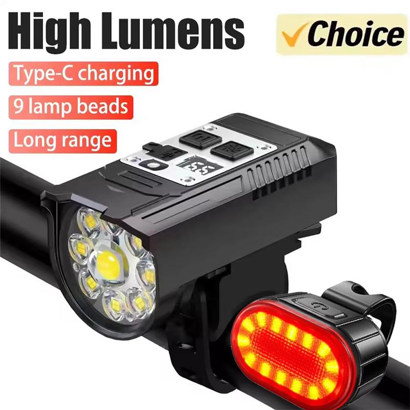 Bicycle Flashlight 9 LED Bike Lamp Type-C Rechargeable Bike Light Ultralight Handlebar Lights Waterproof Cycling Lantern