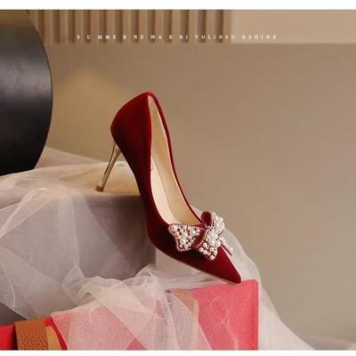 Свадебные туфли женские 2024 новые свадебные туфли бордовые свадебные платья Xiuhe две туфли не уставшие ноги свадебные туфли на высоком каблуке