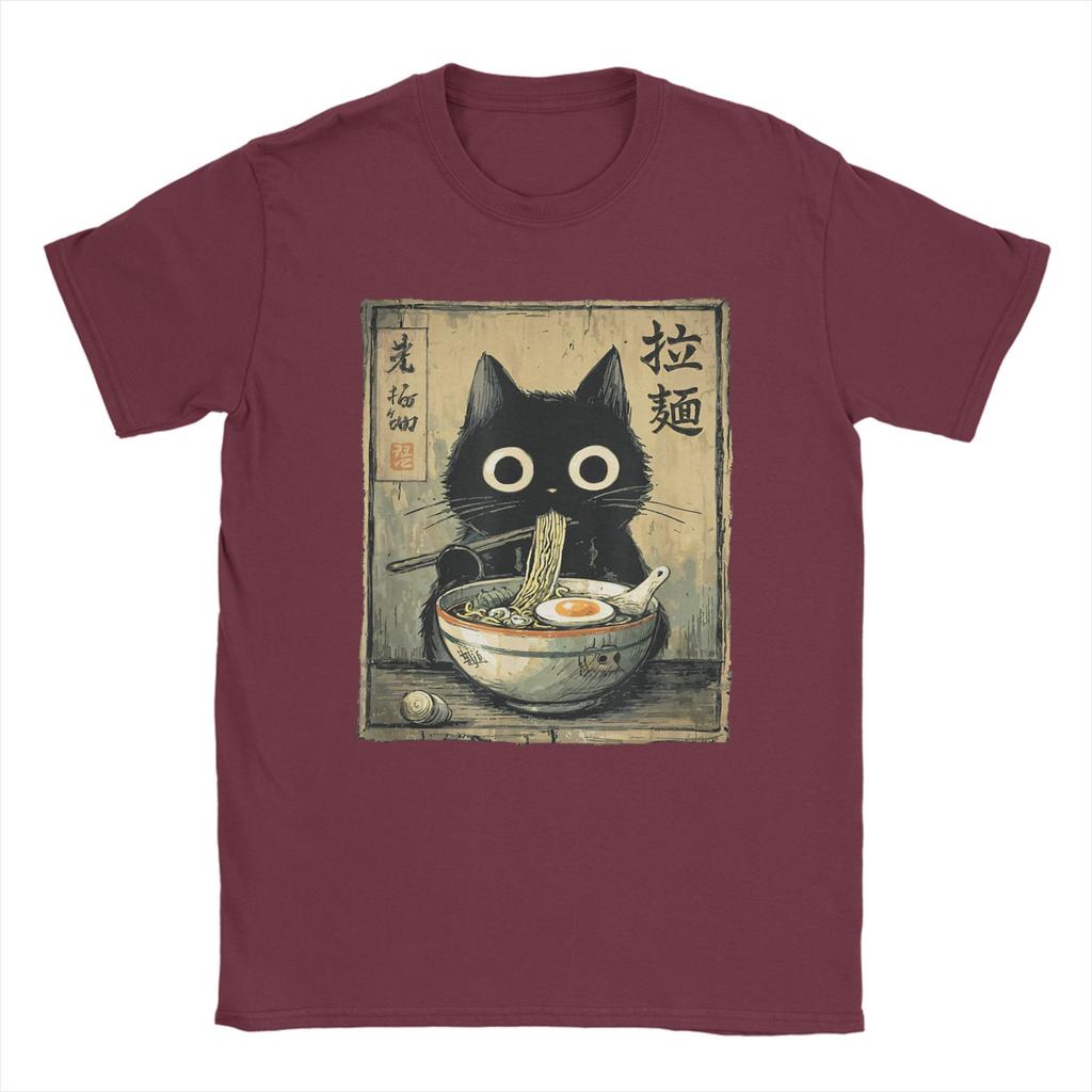Kawaii RaUnisex Cat Retro Japanese Noodles Artwork Unisex T Shirt Vintage Tee Shirt Short Sleeve O Neck TShirt Cotton Gift Idea Tops