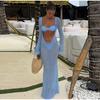 Summer Knit Hollow Out Long Dress Backless See-Through Long Flare Sleeve Holiday Beach Maxi Dresses 2025 New Lady Slim Cover Up