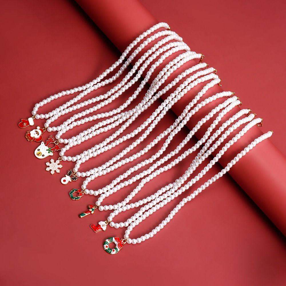 Cartoon Christmas Necklace Clavicle Chain Cartoon Pendant Choker Vintage Pearl Chain Girl