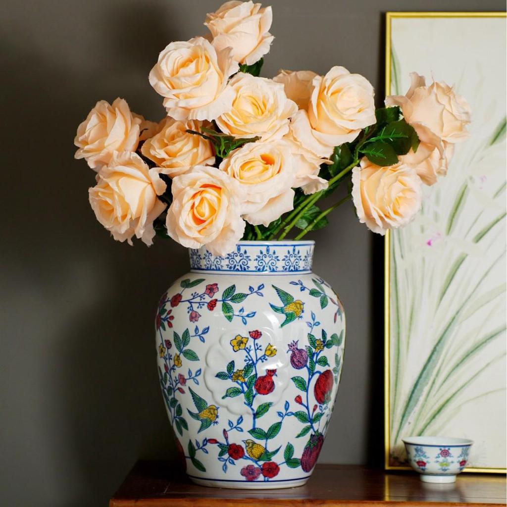 Antique Blue and White Hand-Painted Ceramic Flower Arrangement Vase