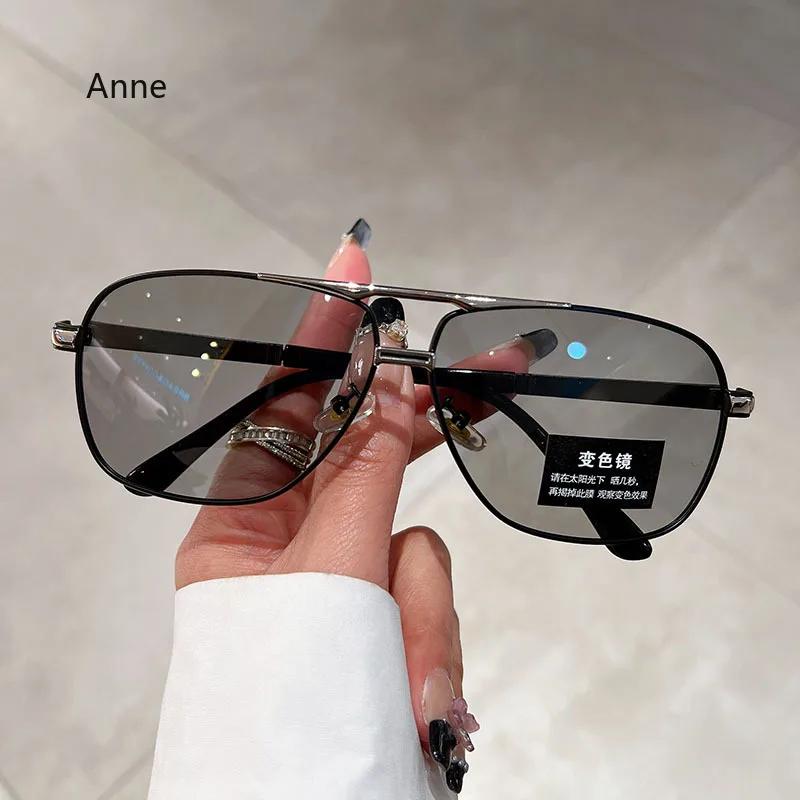 Большие винтажные солнцезащитные очки для мужчин и женщин, модные поляризованные фотохромные очки с двойной перемычкой для вождения, солнцезащитные очки