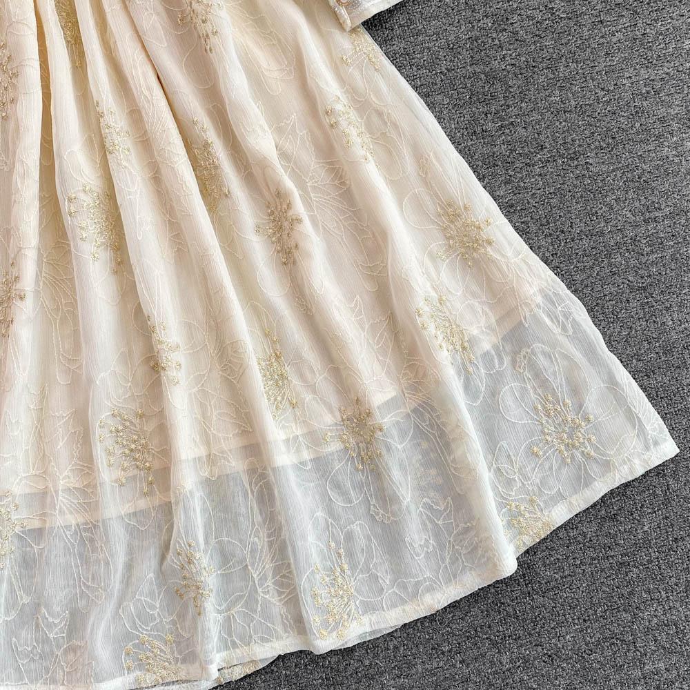 Lente Zachte Wind Temperament Fee Super Xiansen Afdeling Taille Sluiten Dunne Lange Mouwen V-hals Sequin Een-Woord Jurk