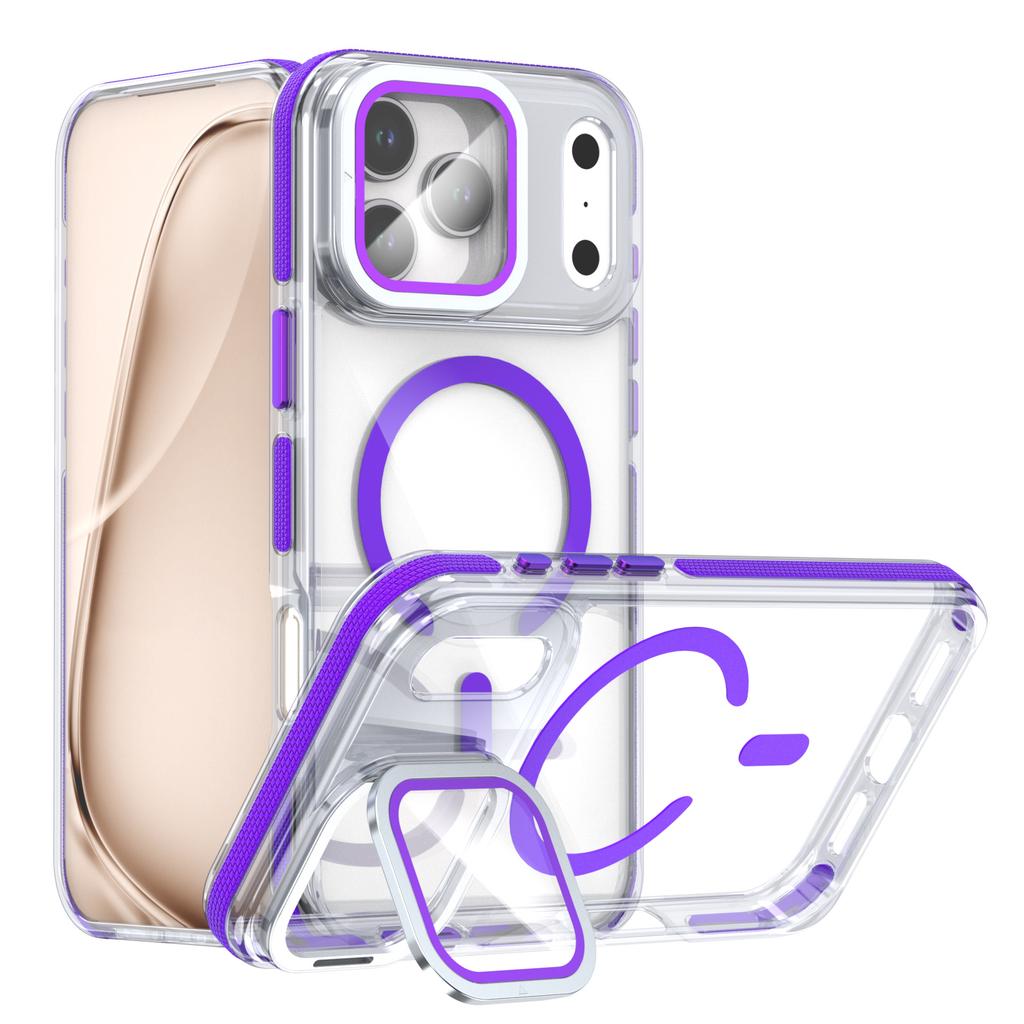 For iPhone 17 Pro Magnetic Case TPU Acrylic Clear Phone Back Cover with Lens Protector Kickstand