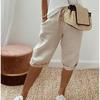 Women's Cotton Linen Trousers Elastic Waist Pockets Casual Knee Length Pants Ladies Capris