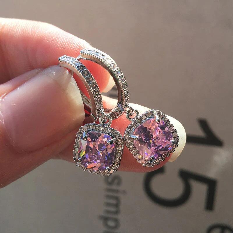 Elegant Light Luxury Pink Zircon Earrings for Women High-End Temperament Trendy Zircon Accessory