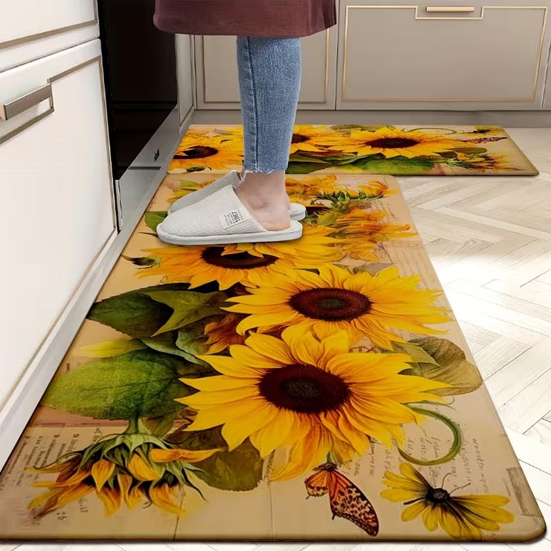 Sunflower Kitchen Bathroom Mat Non-Slip Machine Washable Runner Rug Decorative Home Office Laundry Room Floor Standing Pad