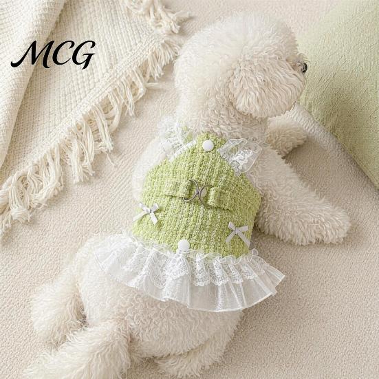 Dog Dress No Harness Needed Sleeveless Tweed Dress, Ruffled Pet with Lace Breathable Mesh Apparel Trim, Cute Summer for Small Dogs